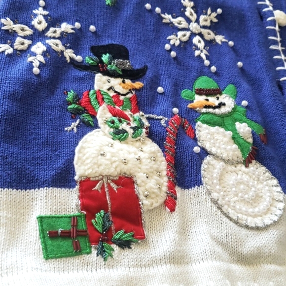 OHI Christmas Blue Sweater Beaded Snowman Snowflakes Detachable Fur Collar Sz XL - Picture 10 of 17
